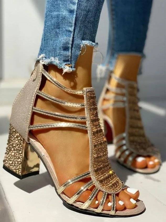 Rhinestone Studded Multi-Strap Chunky Heel Sandals with Back Zip