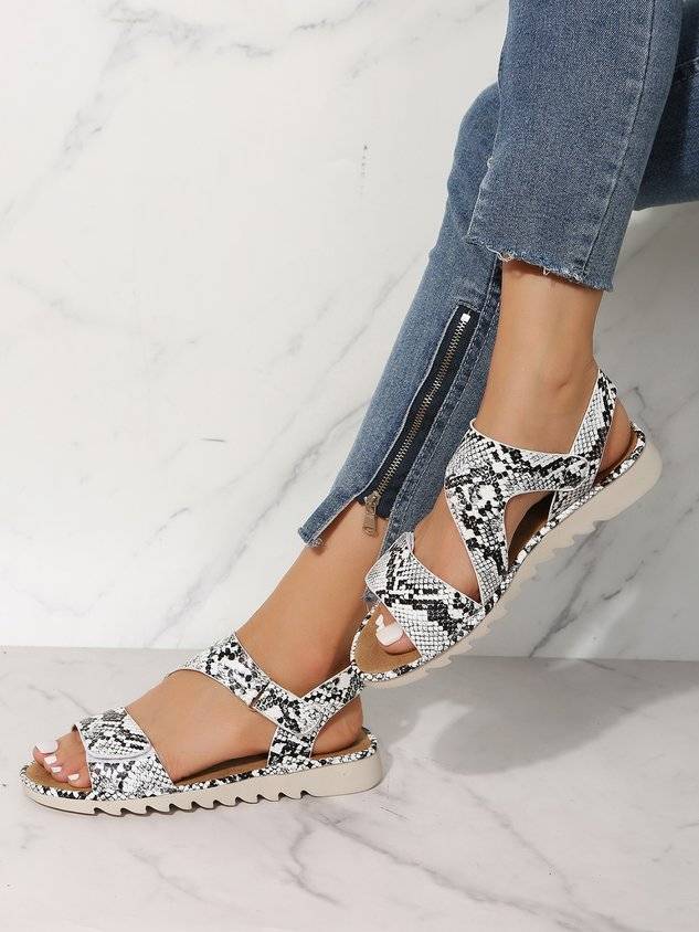 Black And White Snake Print Velcro Casual Sandals