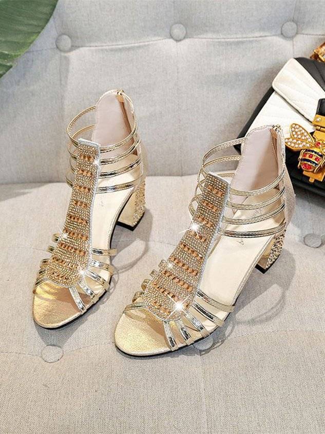 Rhinestone Studded Multi-Strap Chunky Heel Sandals with Back Zip