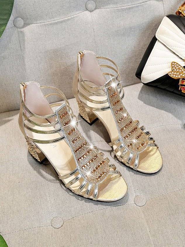 Rhinestone Studded Multi-Strap Chunky Heel Sandals with Back Zip