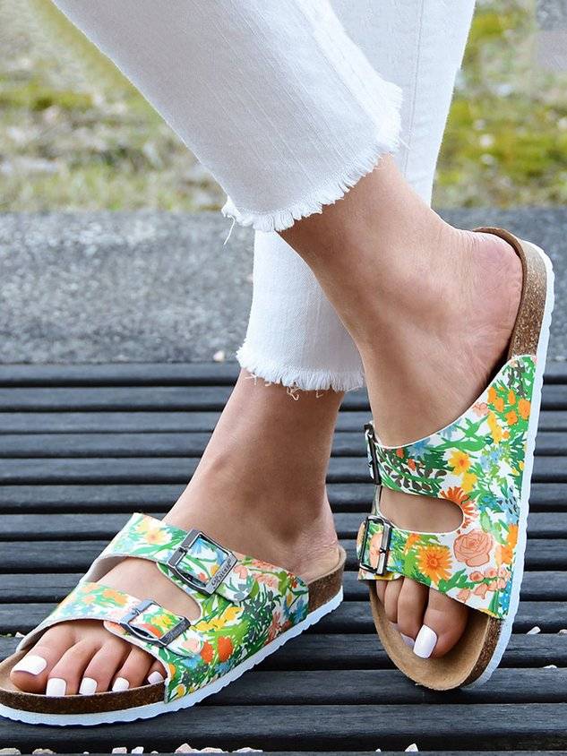 Floral Double Buckle Casual Slide Sandals