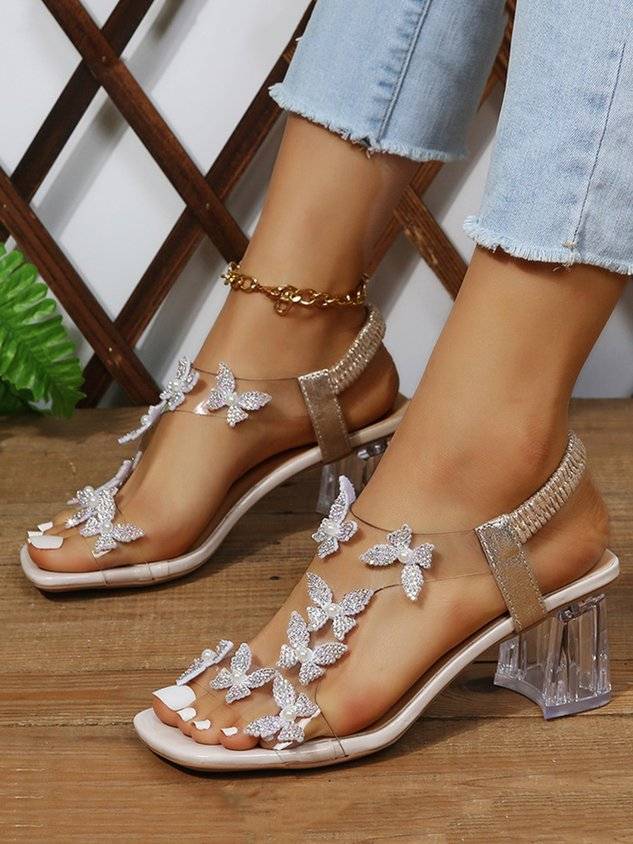 Shining Rhinestone Butterfly Chunky Heel Sandals