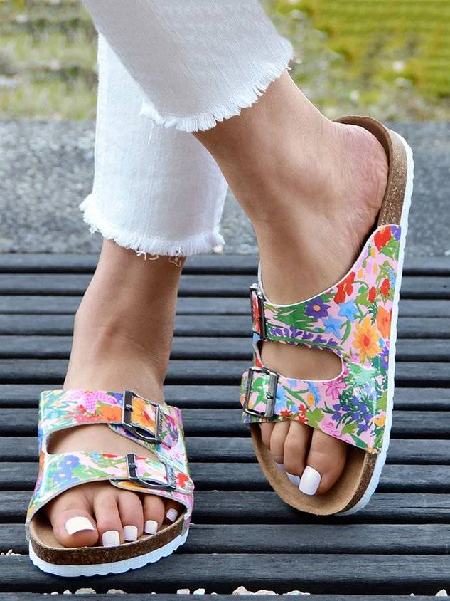 Floral Double Buckle Casual Slide Sandals