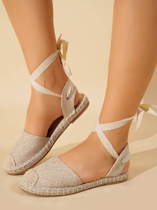 Apricot Linen Strappy Ankle Strap Sandals