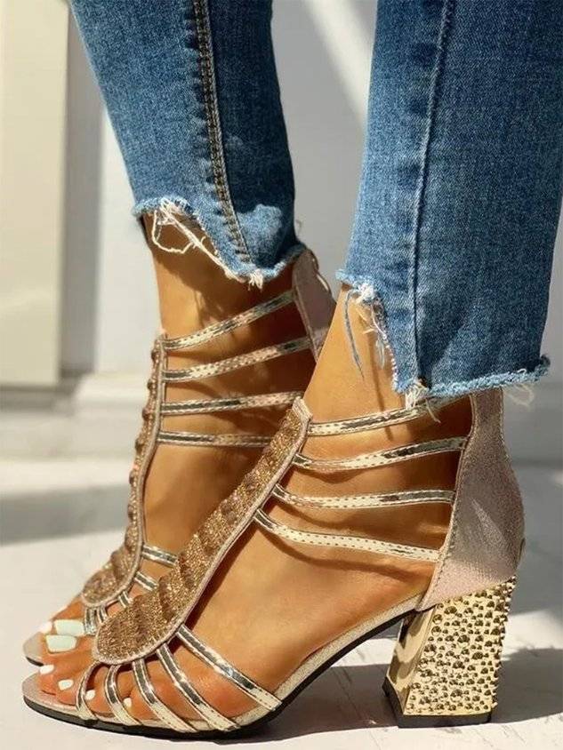 Rhinestone Studded Multi-Strap Chunky Heel Sandals with Back Zip