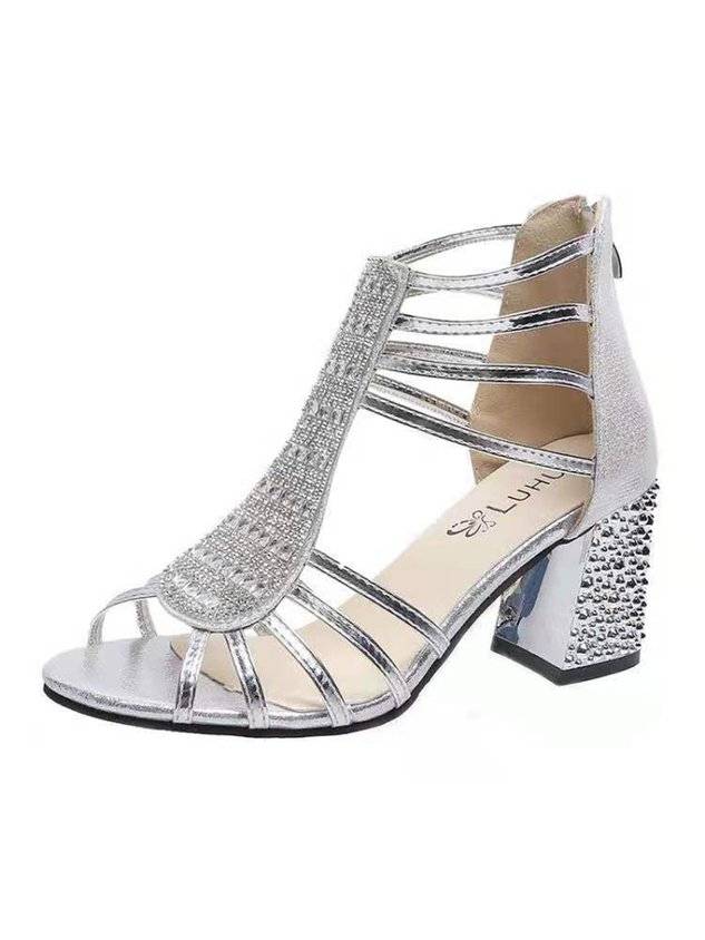 Rhinestone Studded Multi-Strap Chunky Heel Sandals with Back Zip