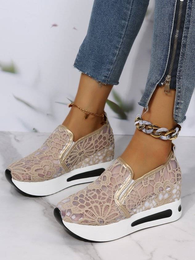 Floral Embroidered Mesh Paneled Slip-On Wedge Sneakers