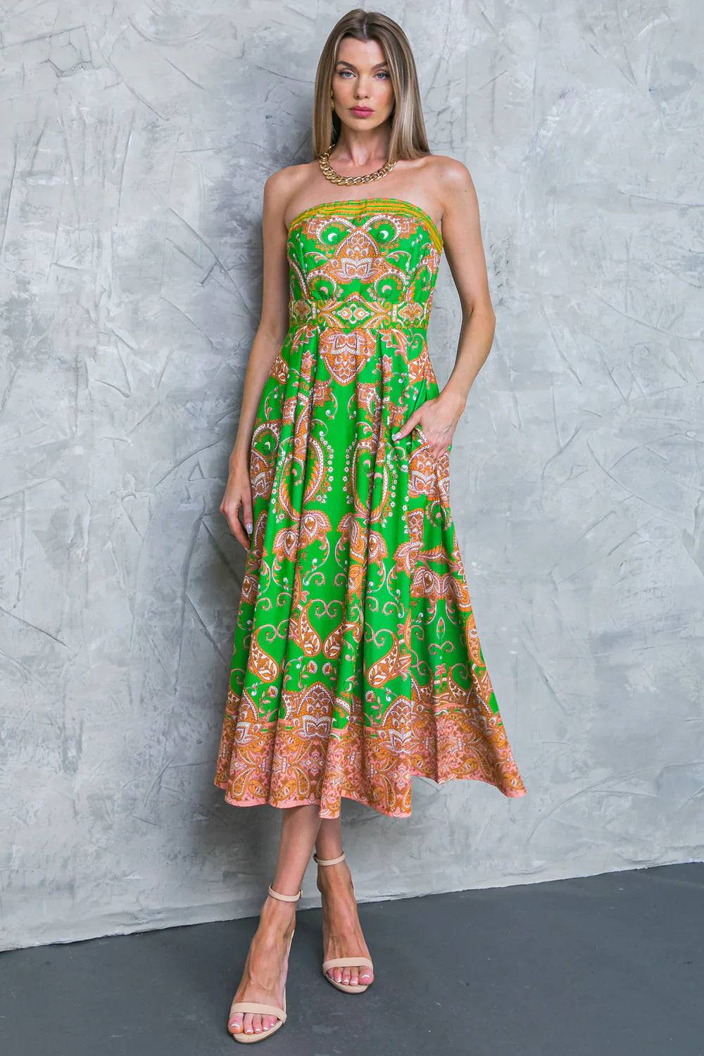 Green Print Strapless Bodice Woven Midi Dress