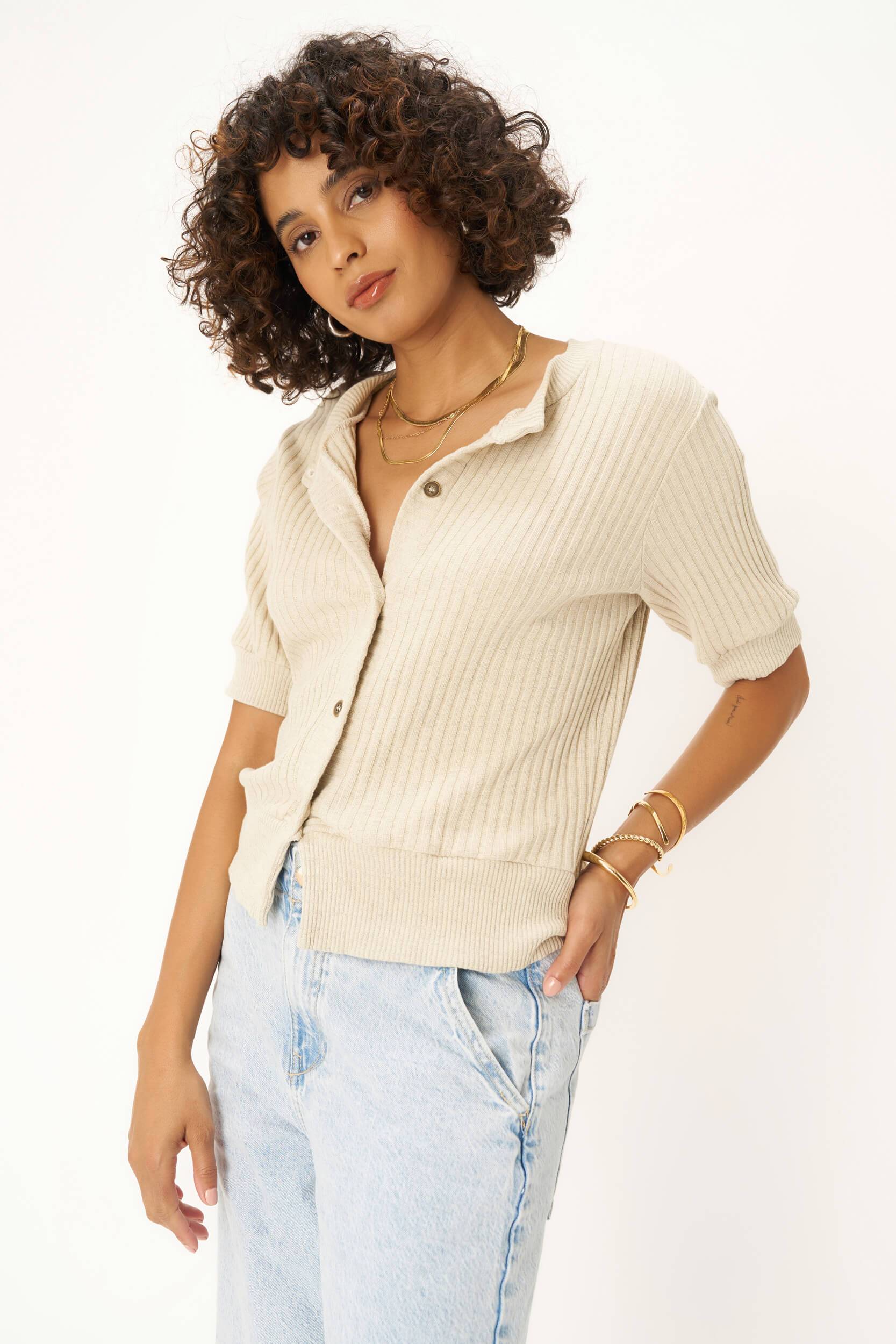 Como Button Front Fitted Sweater Rib Tee - Ash