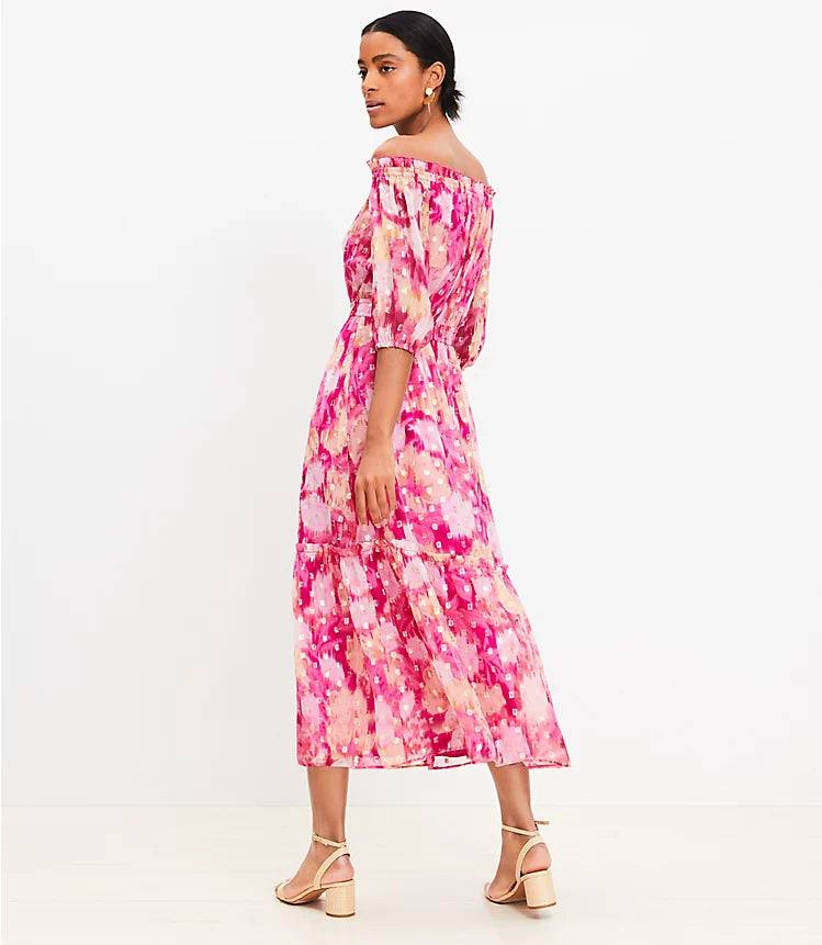 Floral Ikat Clip Balloon Sleeve Off The Shoulder Midi Dress