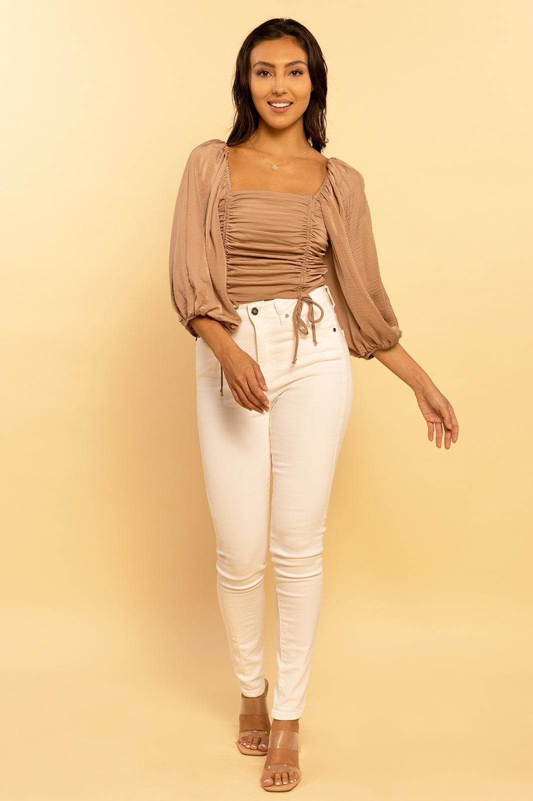 Mocha Square Neck Puff Sleeve Ruched Drawstring Crop Top