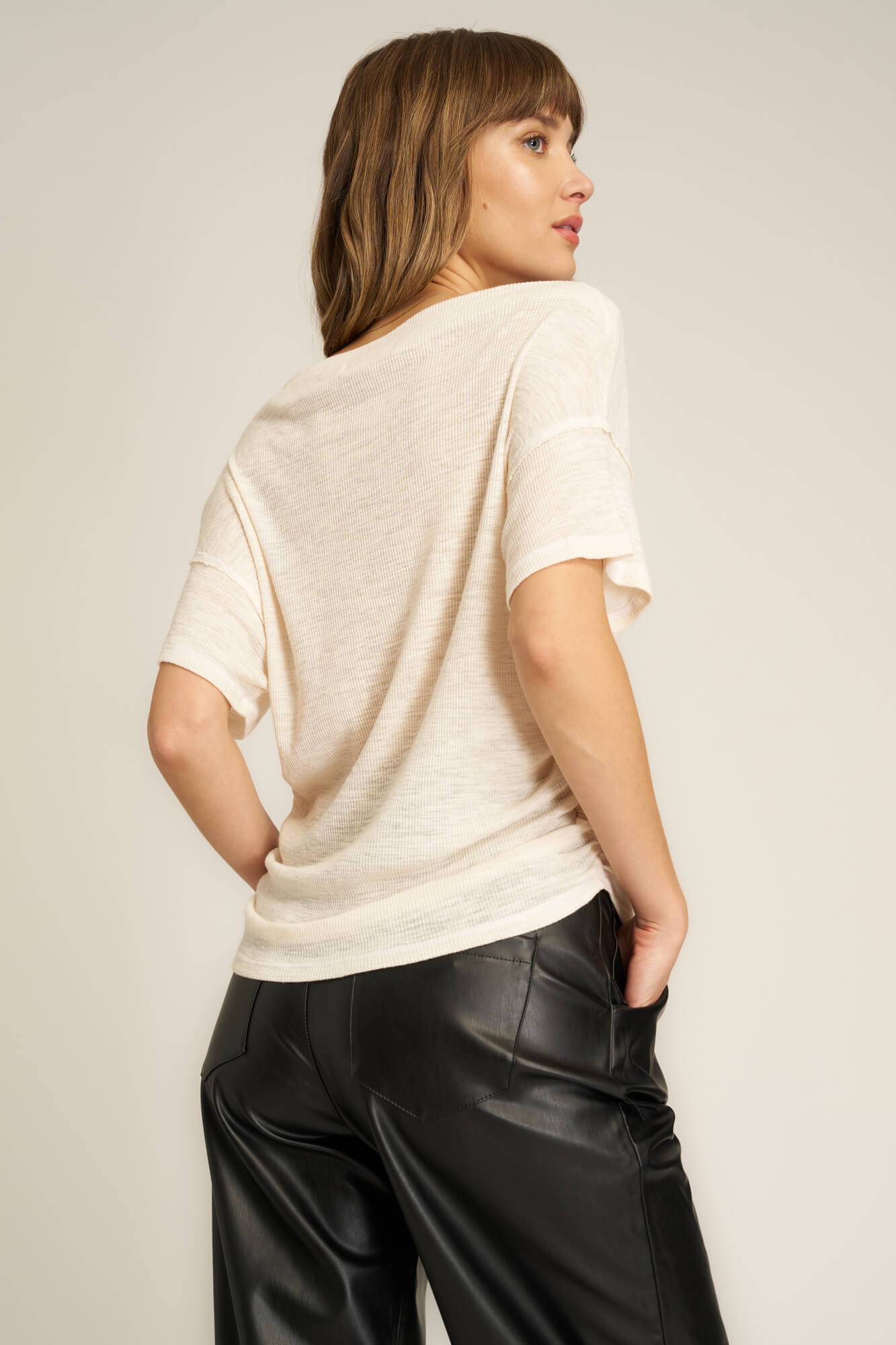 Clover Cowl Neck Textured Rib Tee - Mother of Pearl