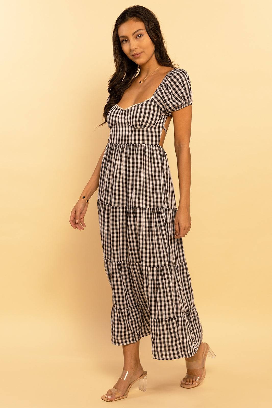 Black and Ivory Print Sweetheart Tie Back Tiered Maxi Dress