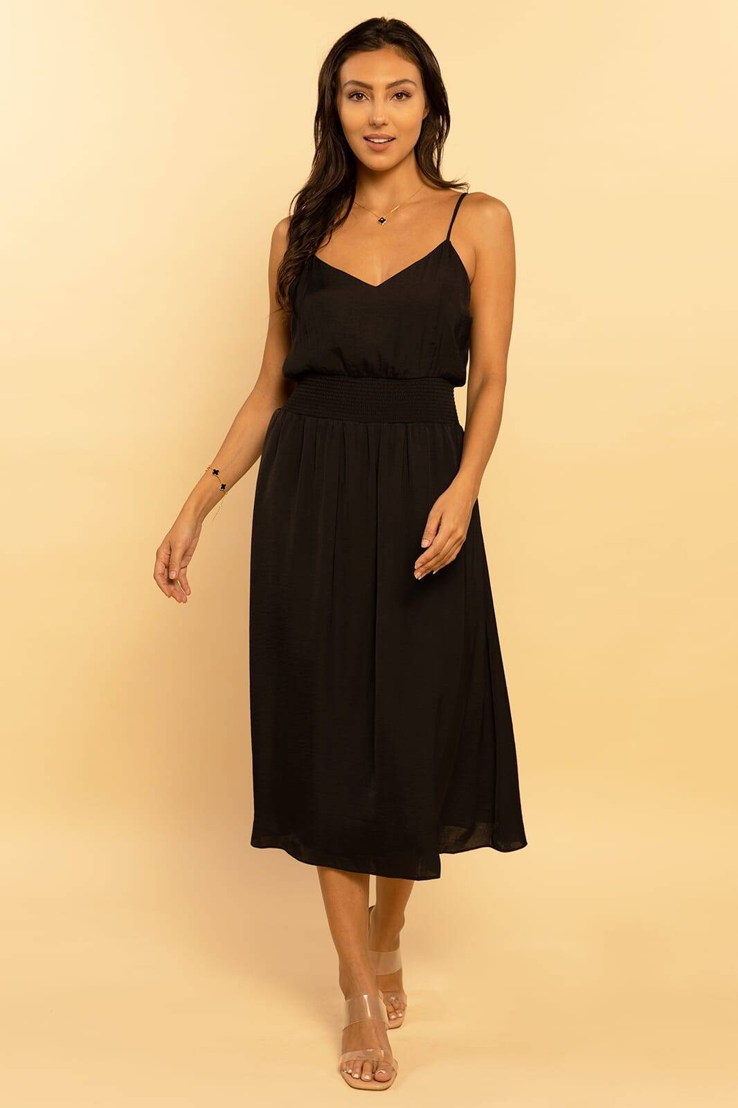 Black Woven Slip Sleeveless Smocked Midi Dress