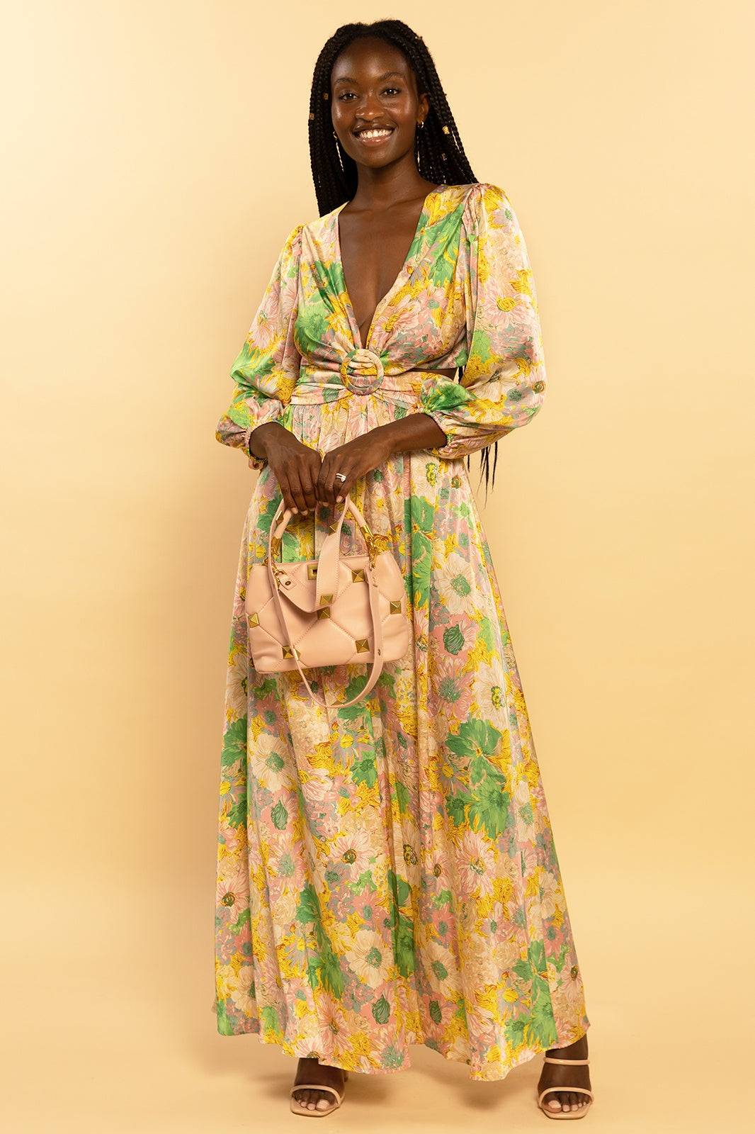 Multi-Colored Floral Satin Cutout Belted Maxi Dress