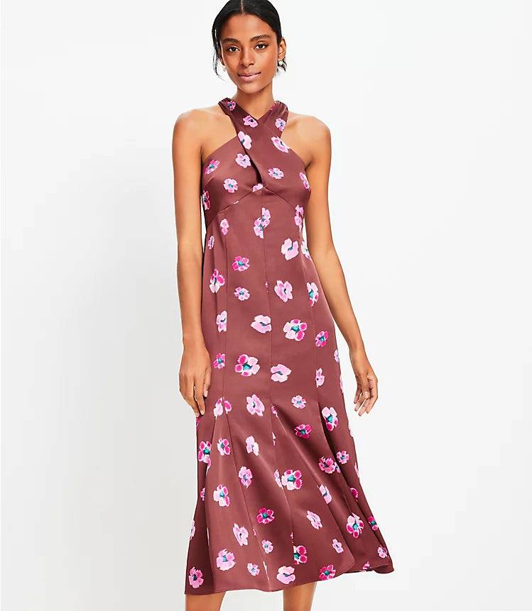 Buttercup Satin Godet Halter Midi Printed Dress