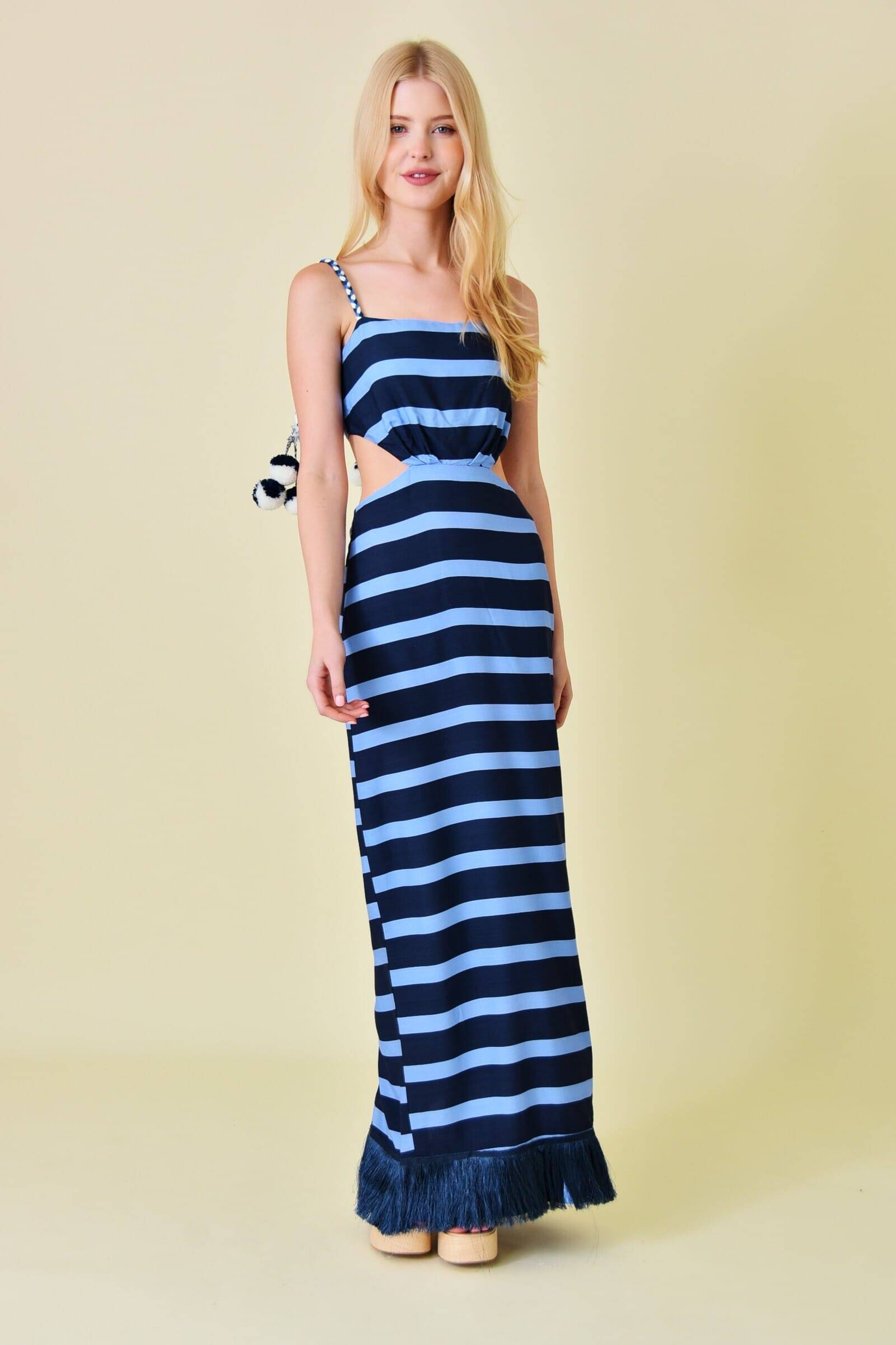 Blue Striped Cutout Tassel Maxi Dress