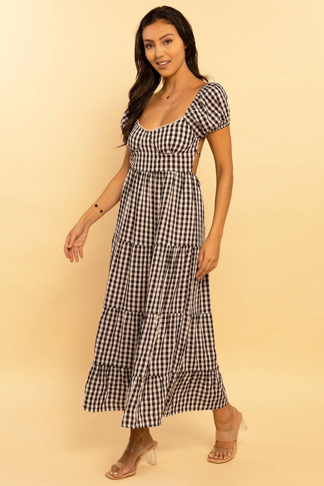 Black and Ivory Print Sweetheart Tie Back Tiered Maxi Dress