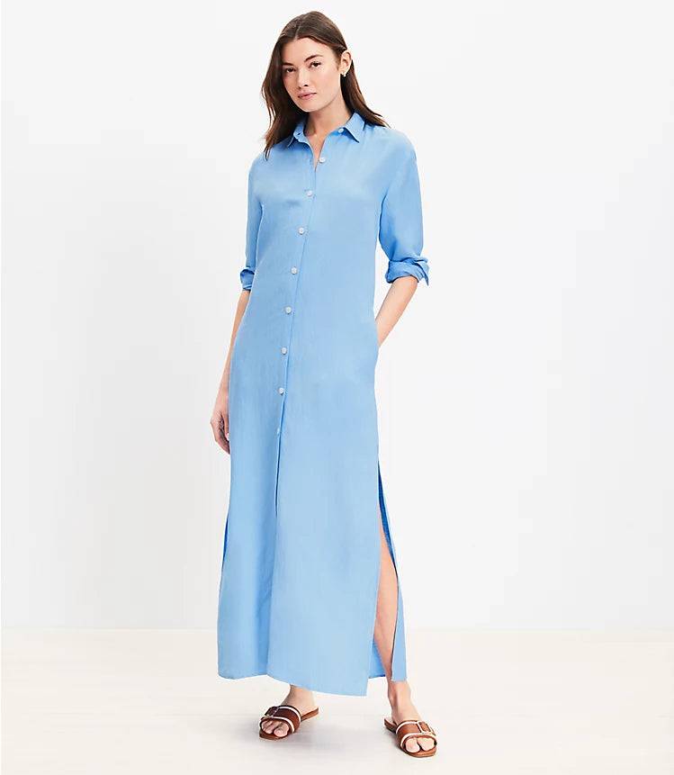 Linen Blend Maxi Shirtdress Pocket Dress