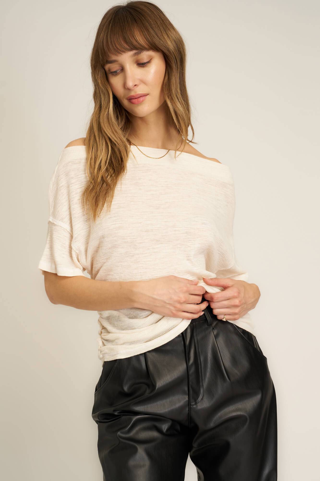 Clover Cowl Neck Textured Rib Tee - Mother of Pearl