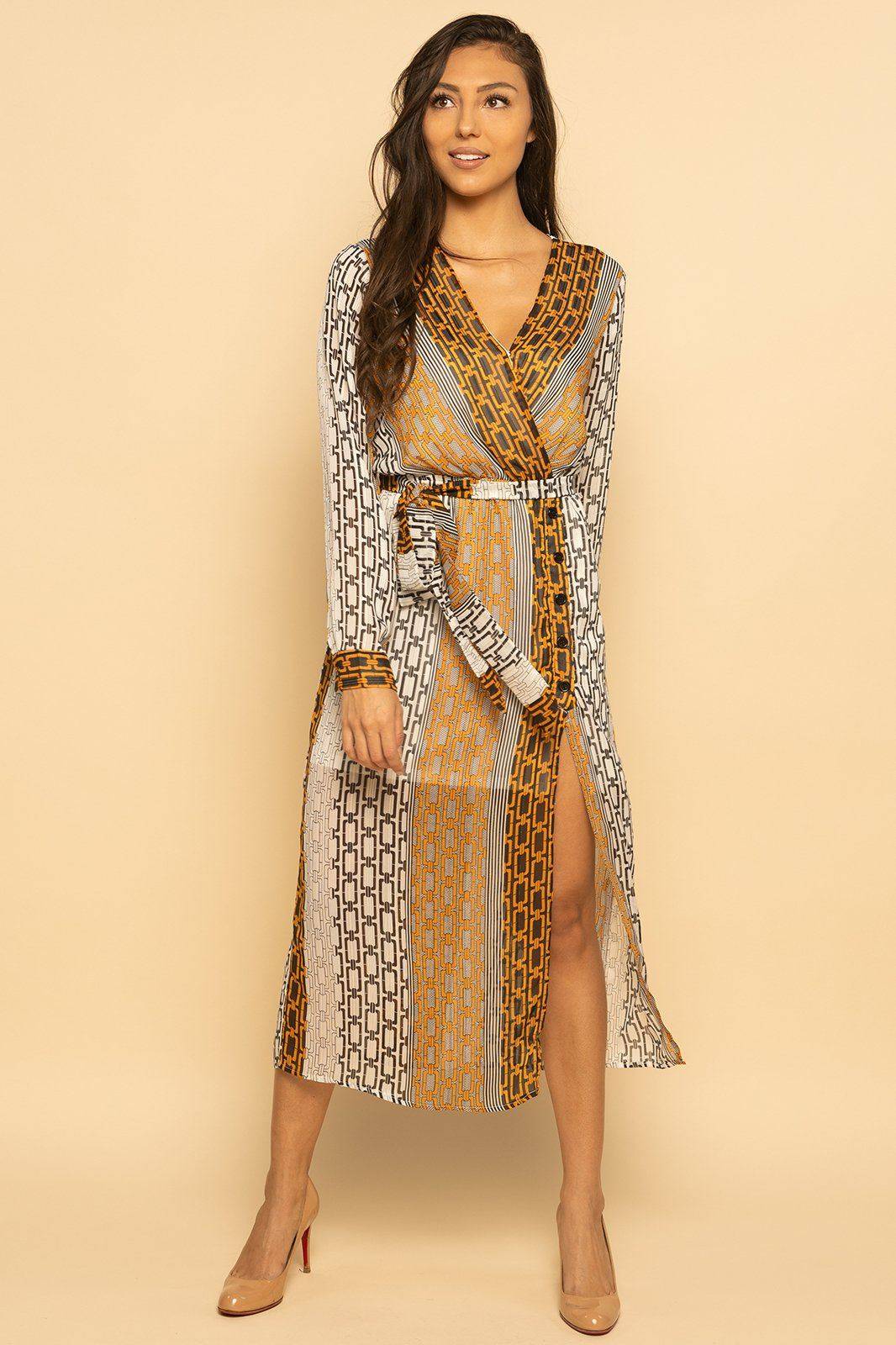 Chain Link Multicolor Faux Wrap Midi Dress