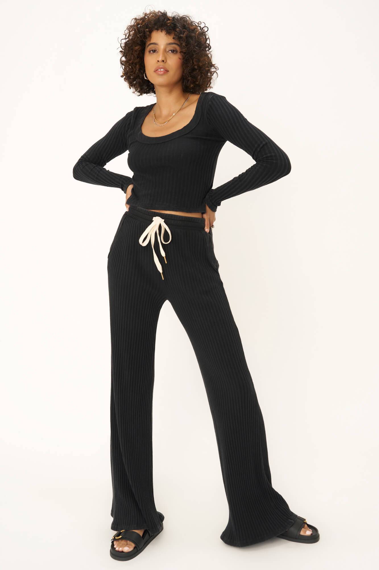 Washed Rib Flare Pant - Black