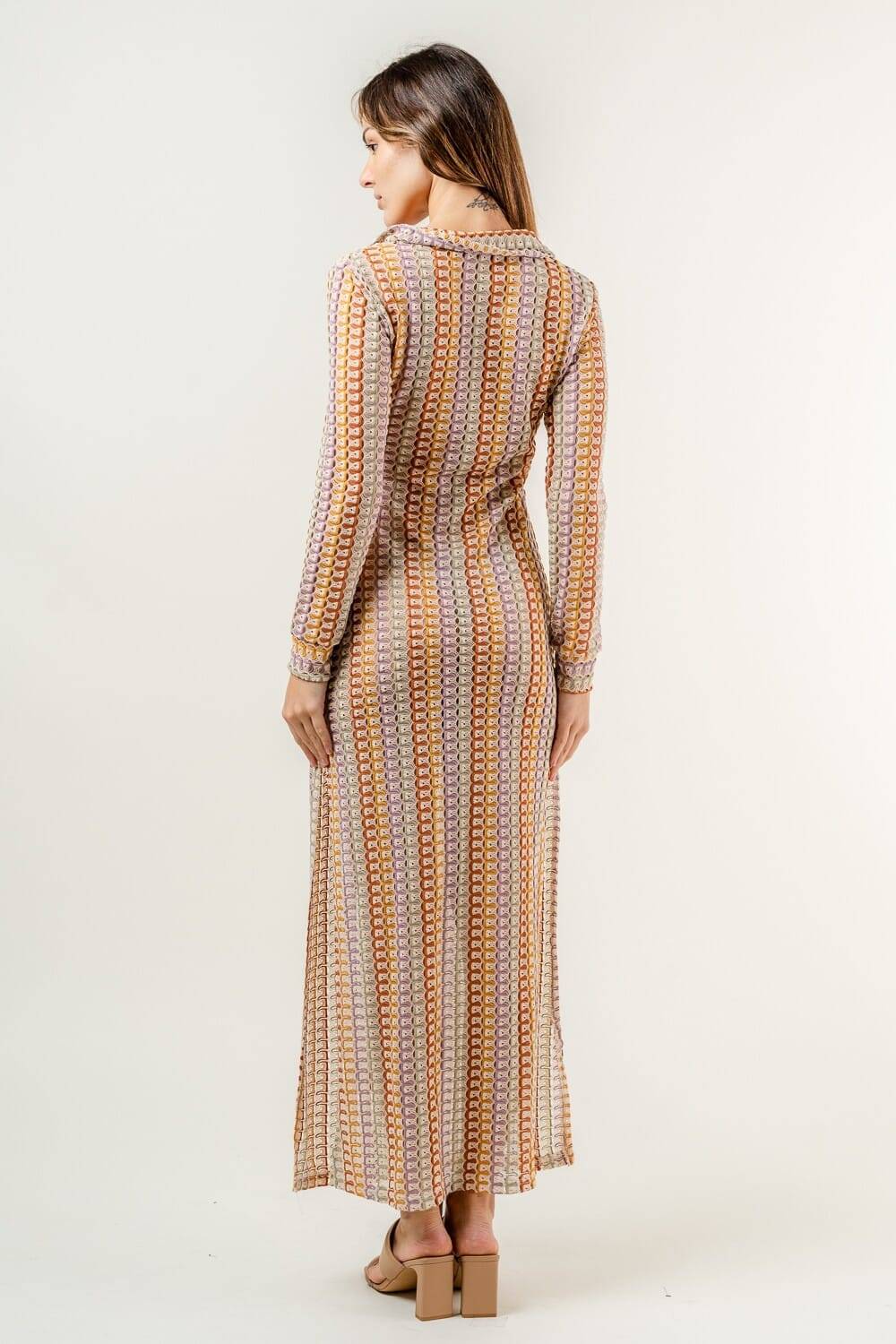 Colorblock Crochet Coverup Knit Long Sleeve Maxi Dress