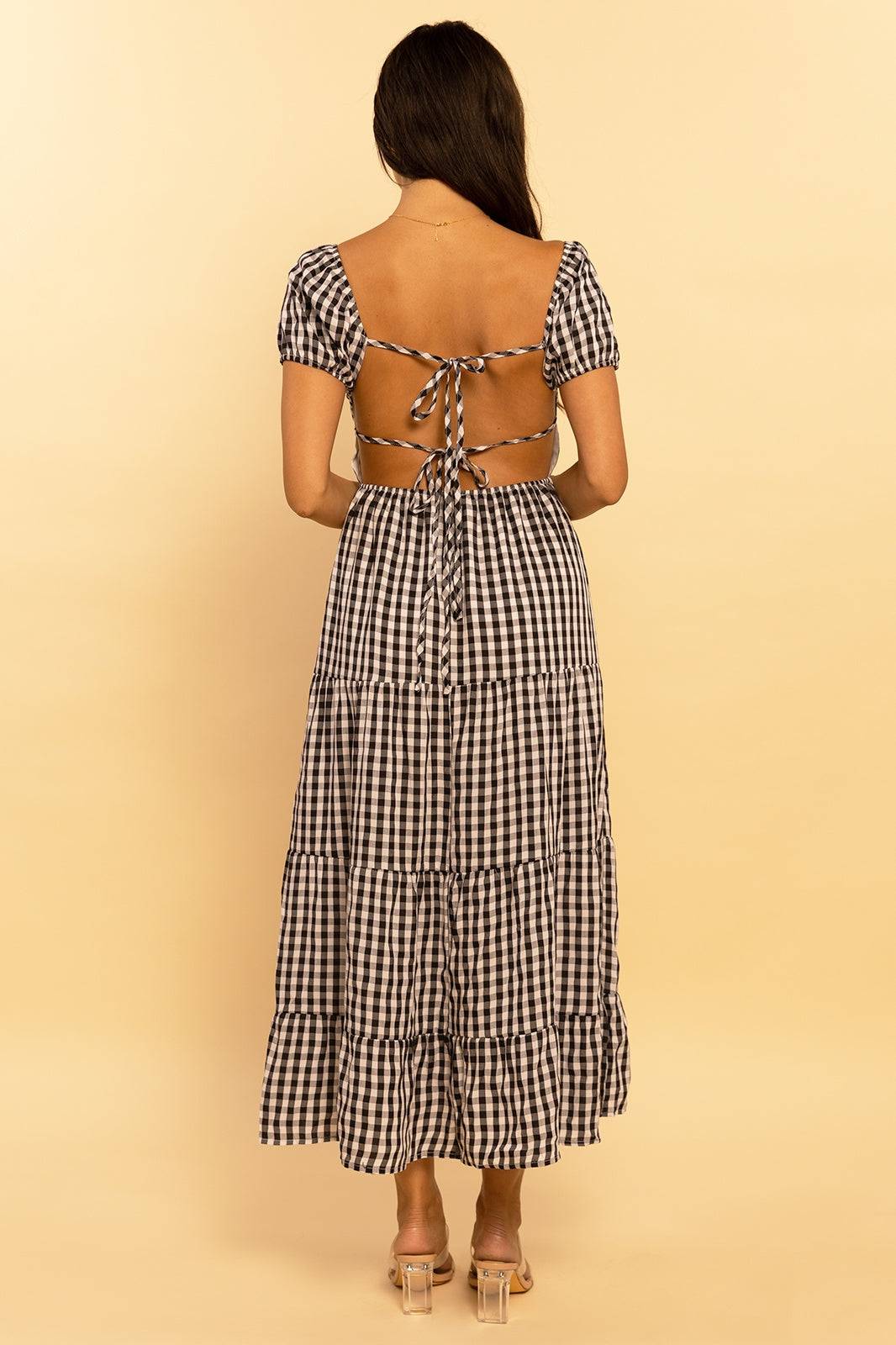 Black and Ivory Print Sweetheart Tie Back Tiered Maxi Dress