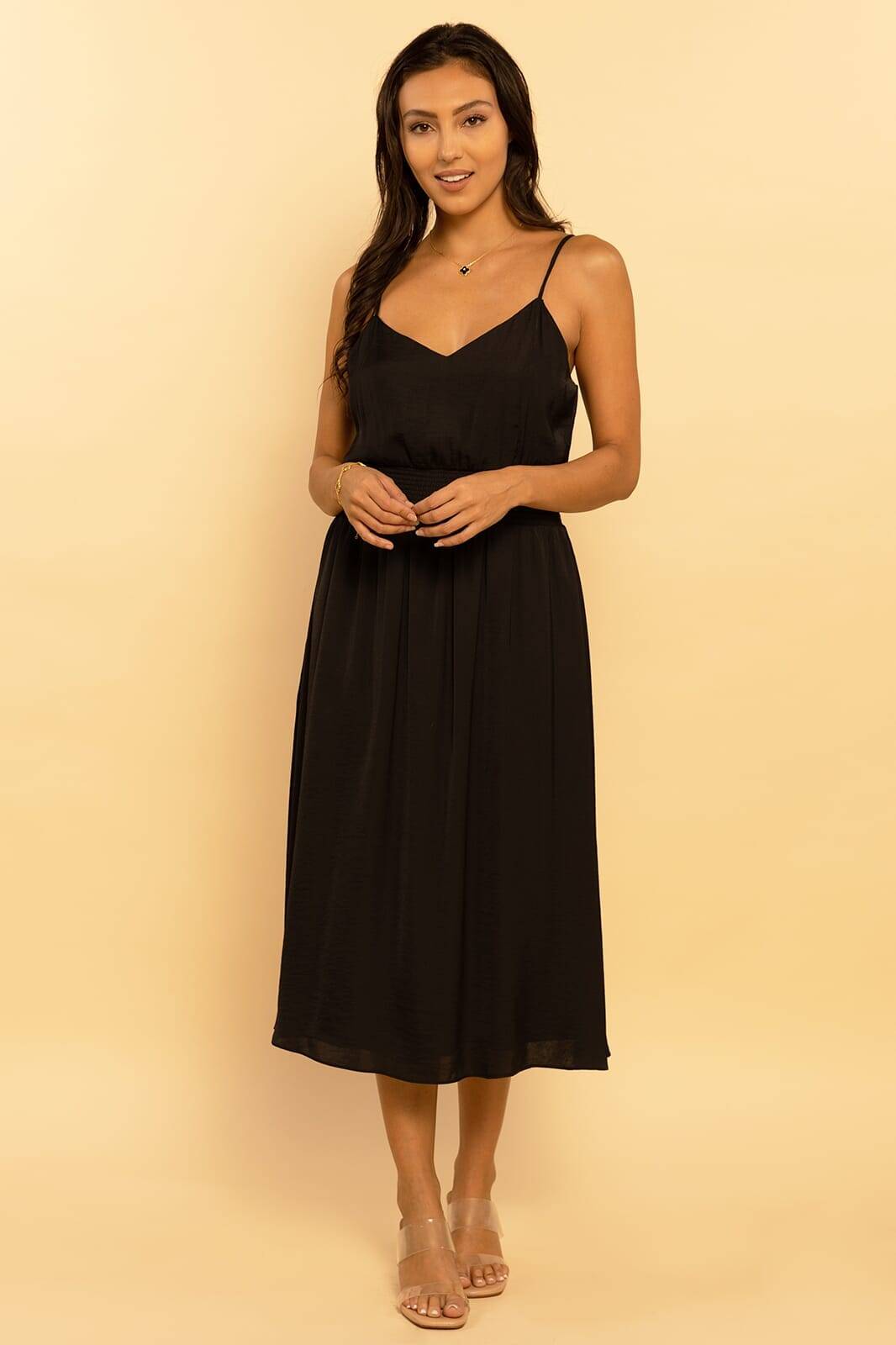 Black Woven Slip Sleeveless Smocked Midi Dress