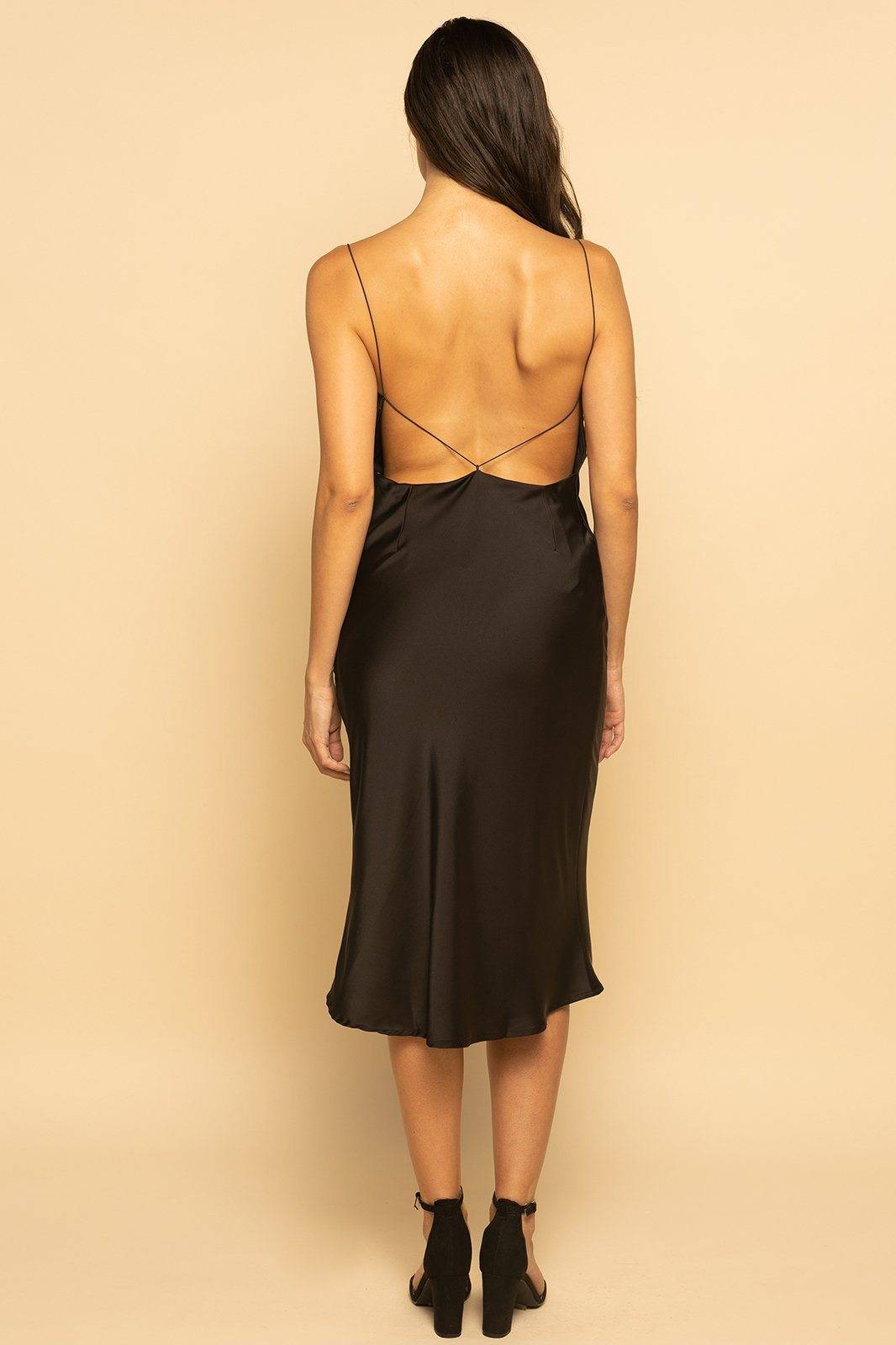 Black Satin Cowl Neck Backless Slip Midi Dress