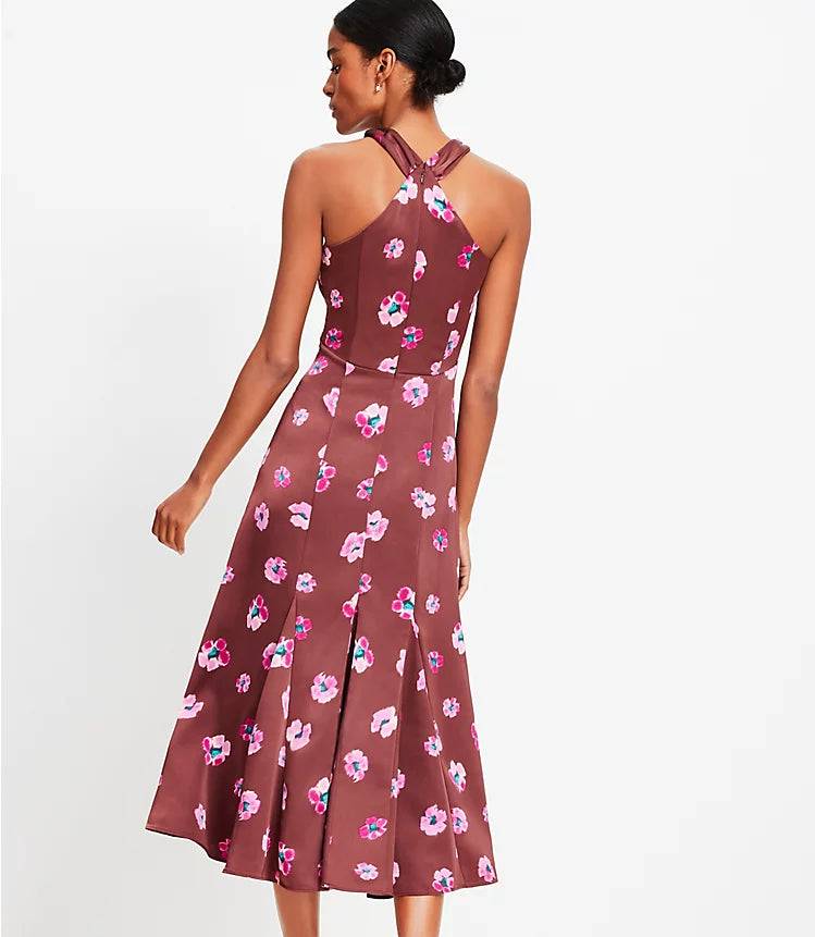 Buttercup Satin Godet Halter Midi Printed Dress