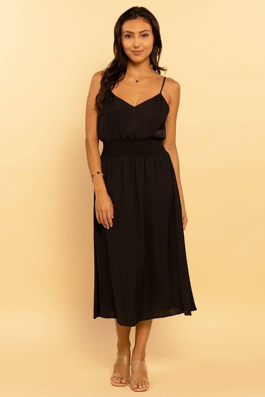 Black Woven Slip Sleeveless Smocked Midi Dress