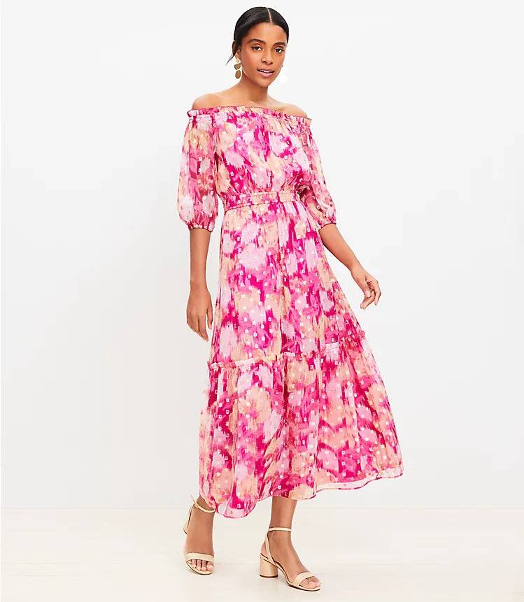 Floral Ikat Clip Balloon Sleeve Off The Shoulder Midi Dress