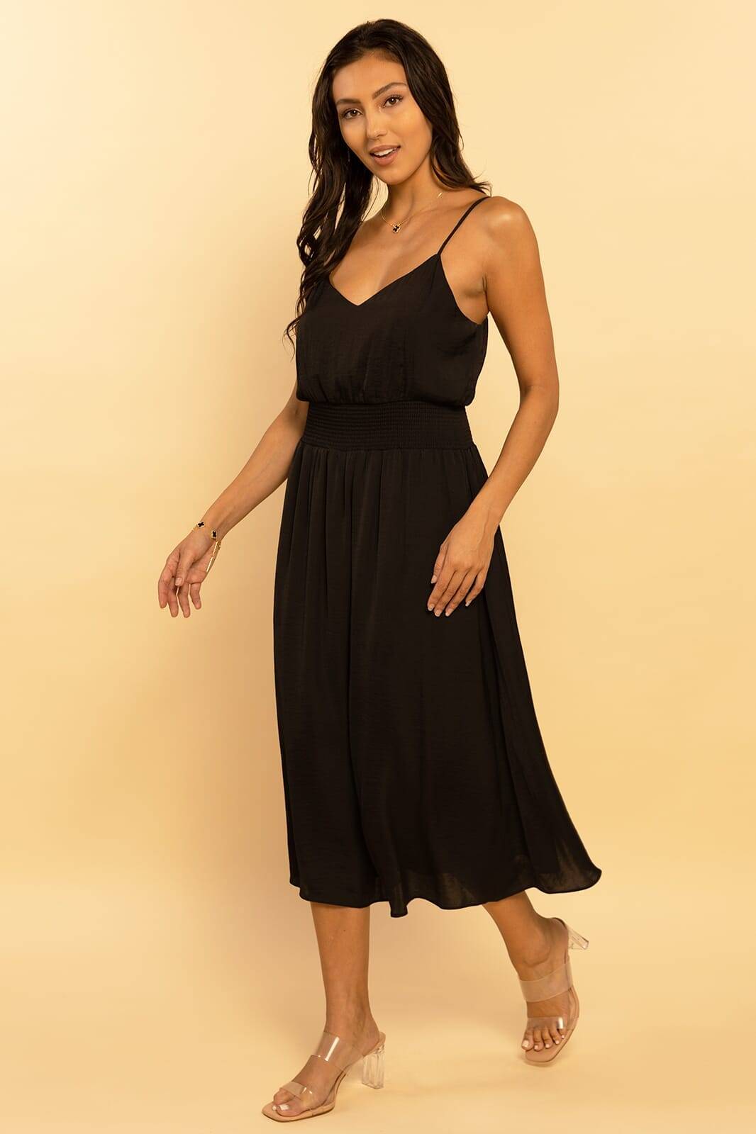 Black Woven Slip Sleeveless Smocked Midi Dress