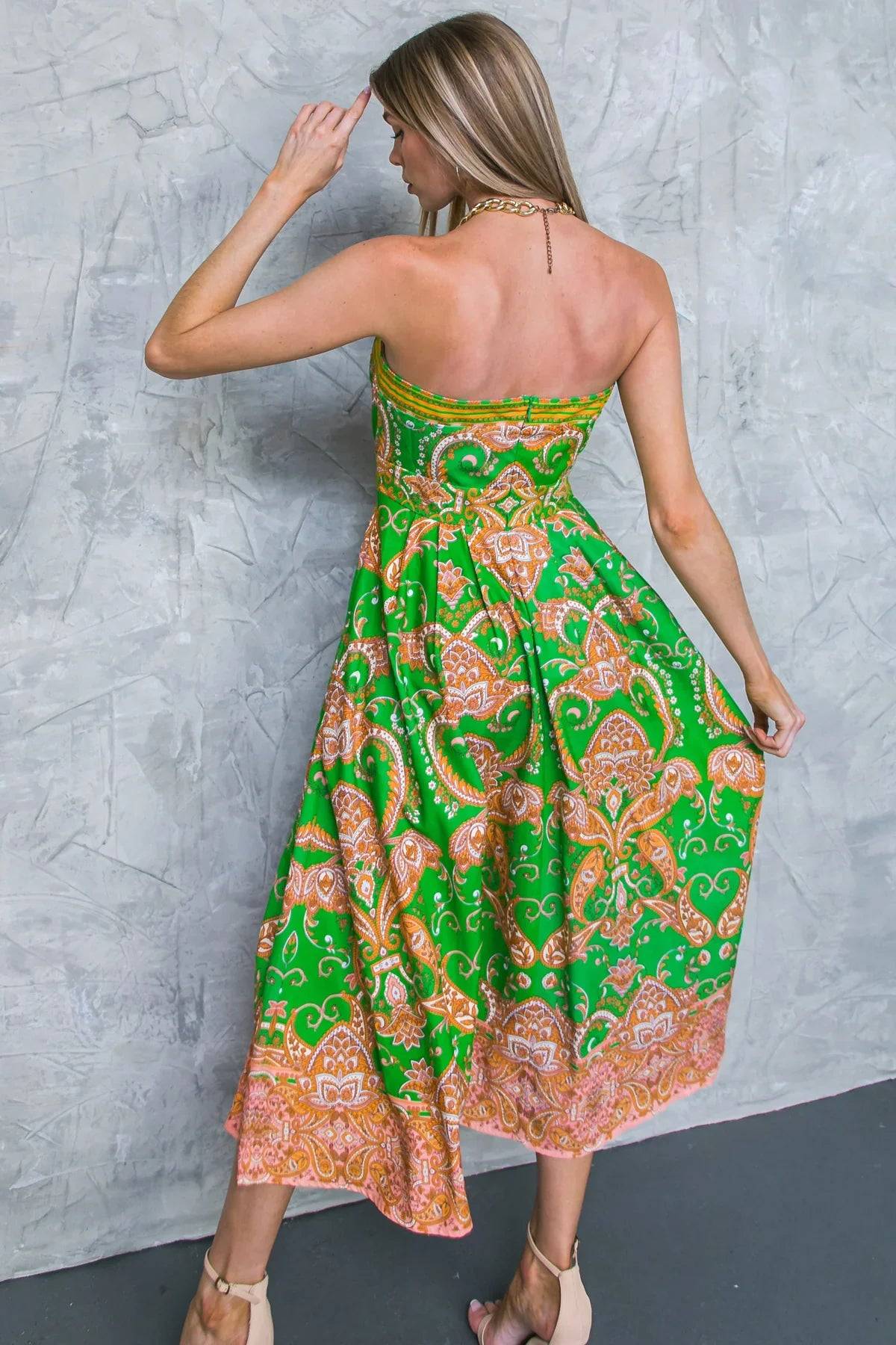 Green Print Strapless Bodice Woven Midi Dress