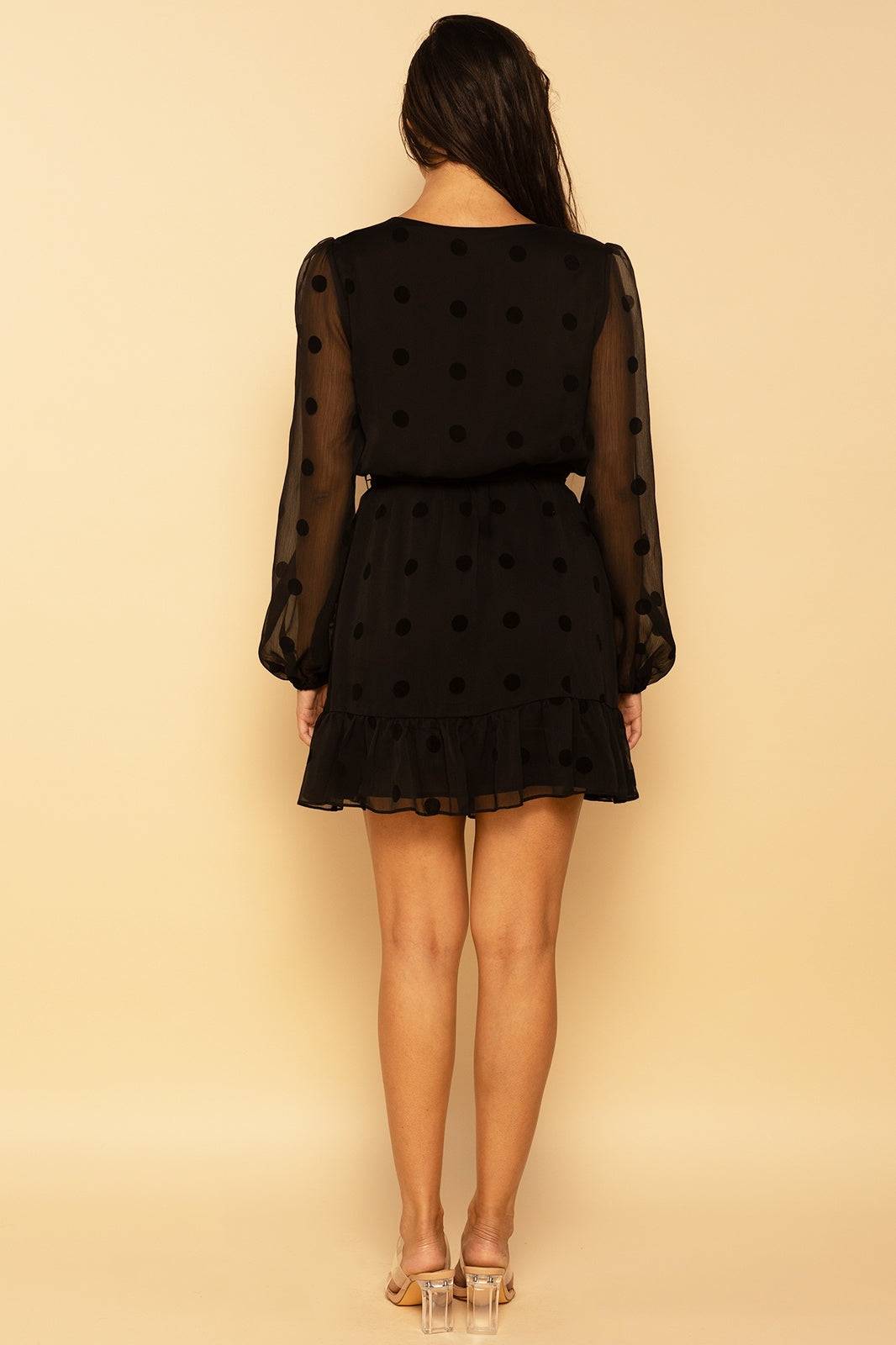 Black Polka Dot Ruffled Semi-Sheer Wrap Mini Dress