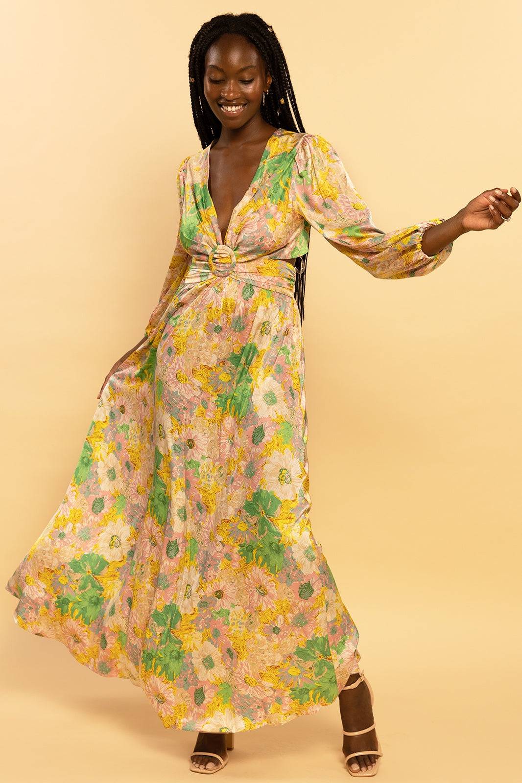 Multi-Colored Floral Satin Cutout Belted Maxi Dress