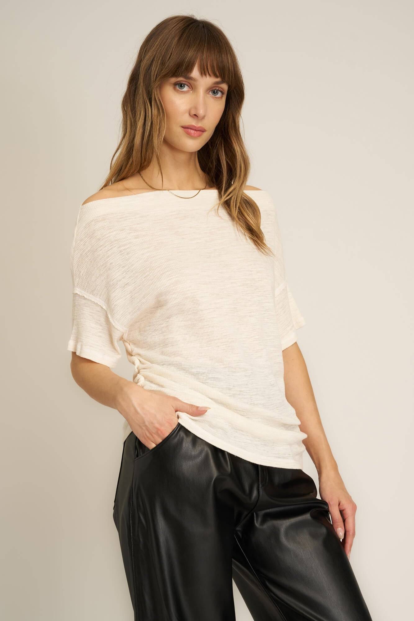 Clover Cowl Neck Textured Rib Tee - Mother of Pearl