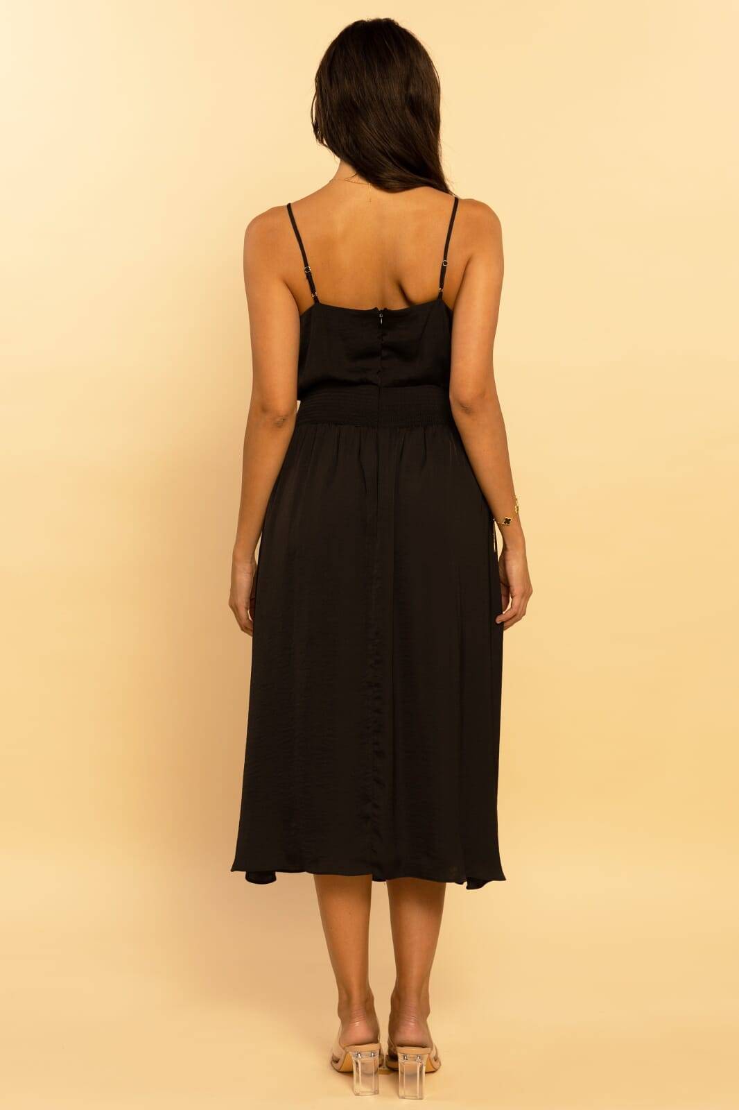 Black Woven Slip Sleeveless Smocked Midi Dress