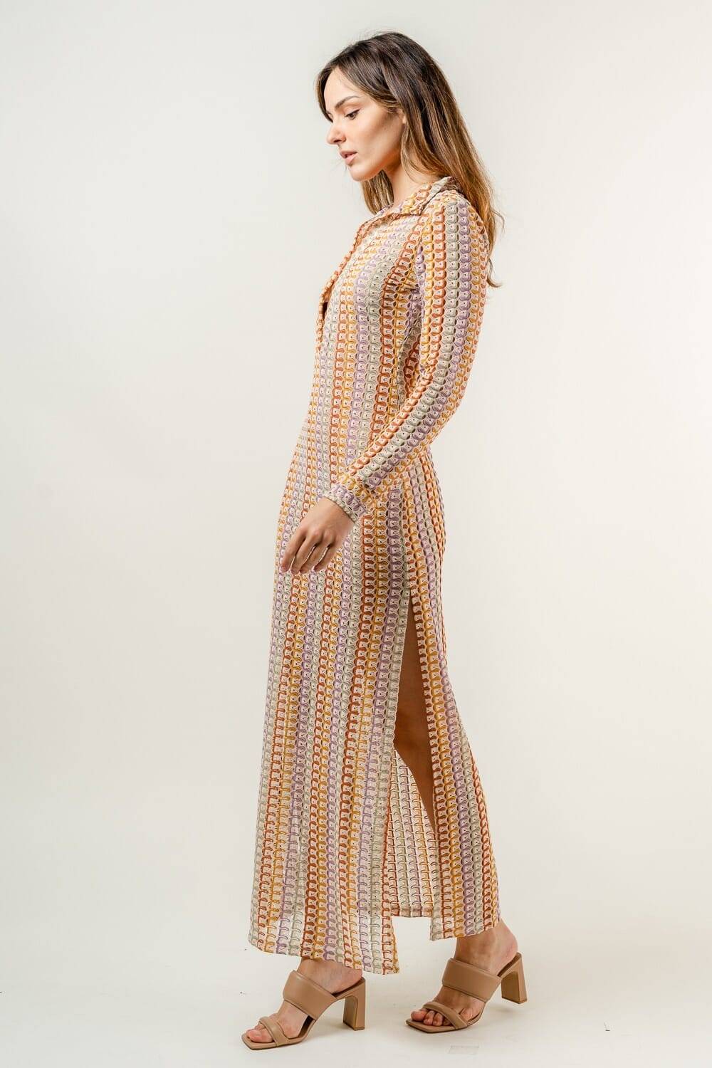 Colorblock Crochet Coverup Knit Long Sleeve Maxi Dress