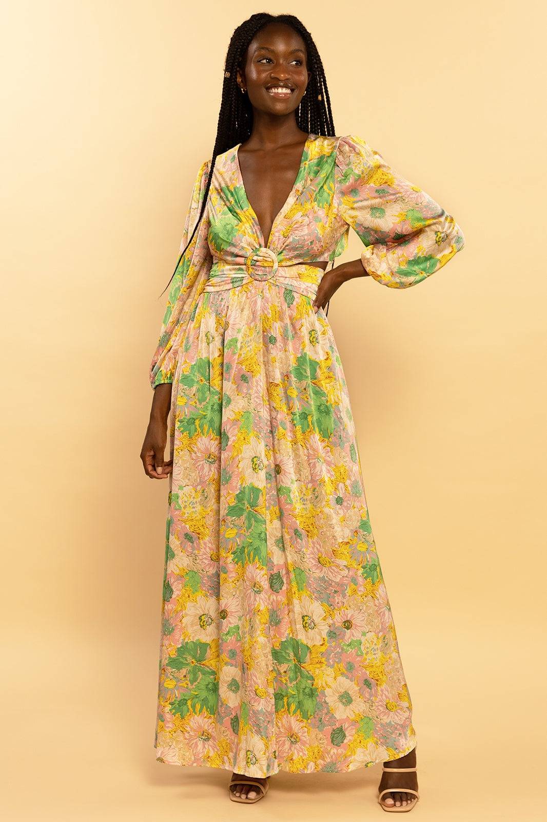 Multi-Colored Floral Satin Cutout Belted Maxi Dress