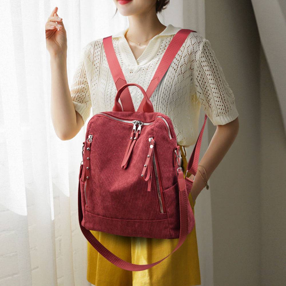 Plain Corduroy Rivet Backpacks