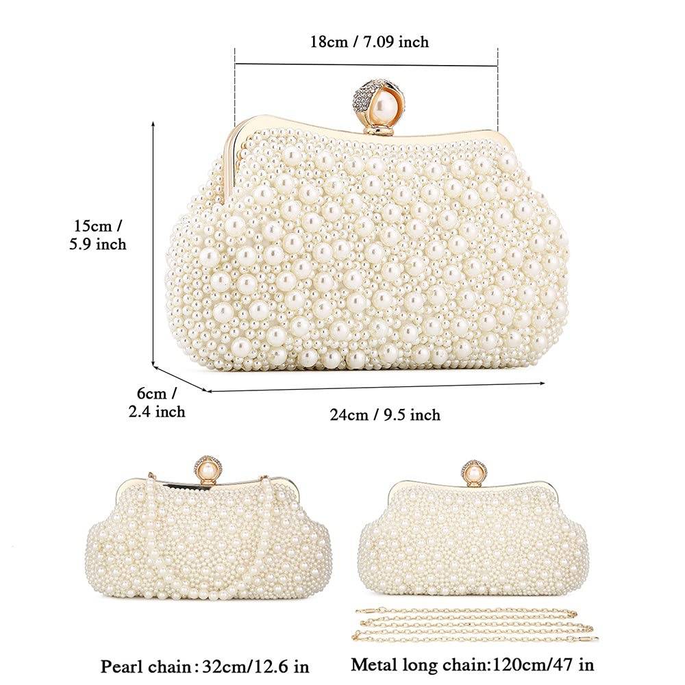 UBORSE Women Pearl Clutch Bag Noble Crystal Beaded Evening Bag Wedding Clutch with Pearl Chain