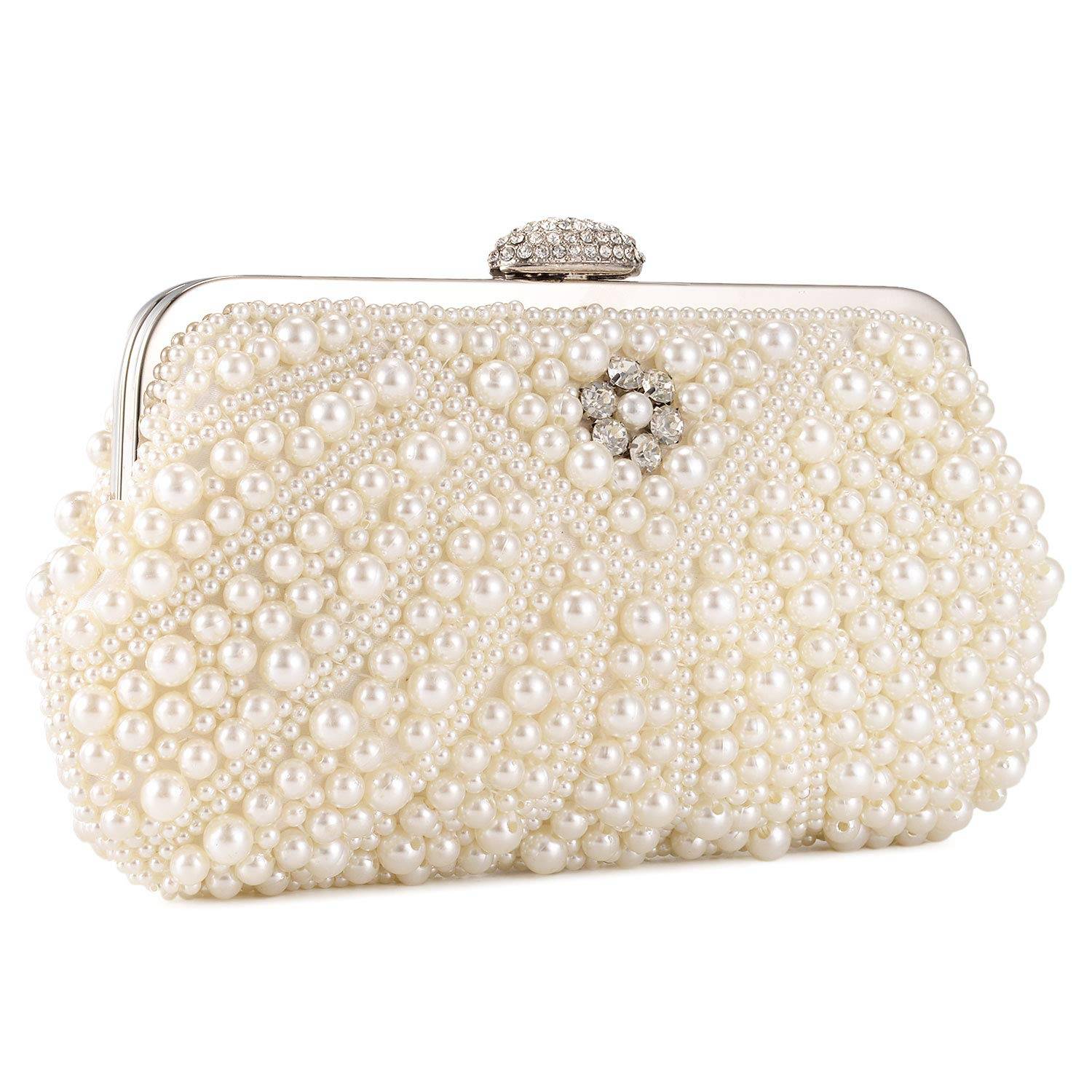 UBORSE Women Pearl Clutch Bag Noble Crystal Beaded Evening Bag Wedding Clutch with Pearl Chain