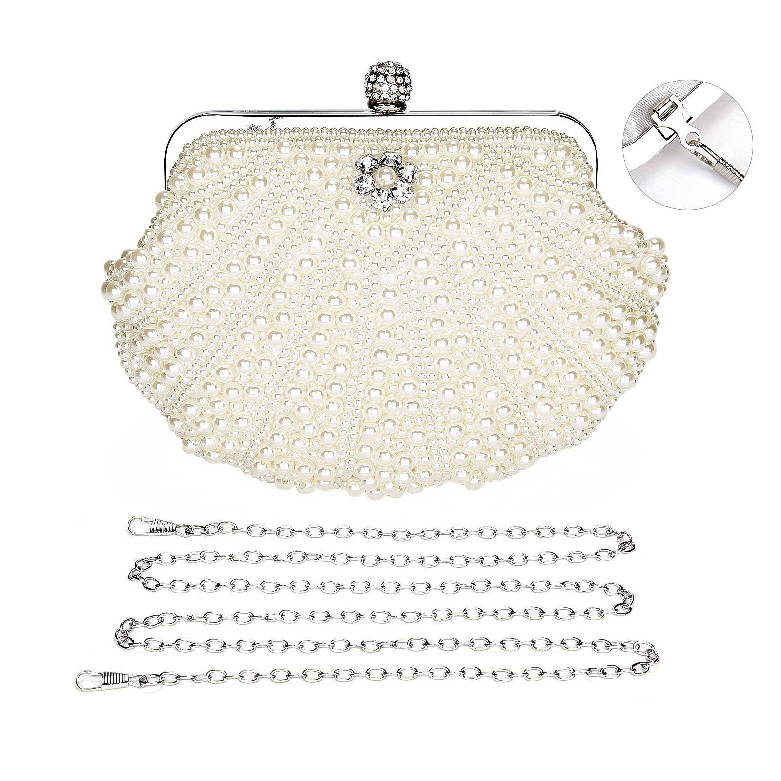 UBORSE Women Pearl Clutch Bag Noble Crystal Beaded Evening Bag Wedding Clutch with Pearl Chain