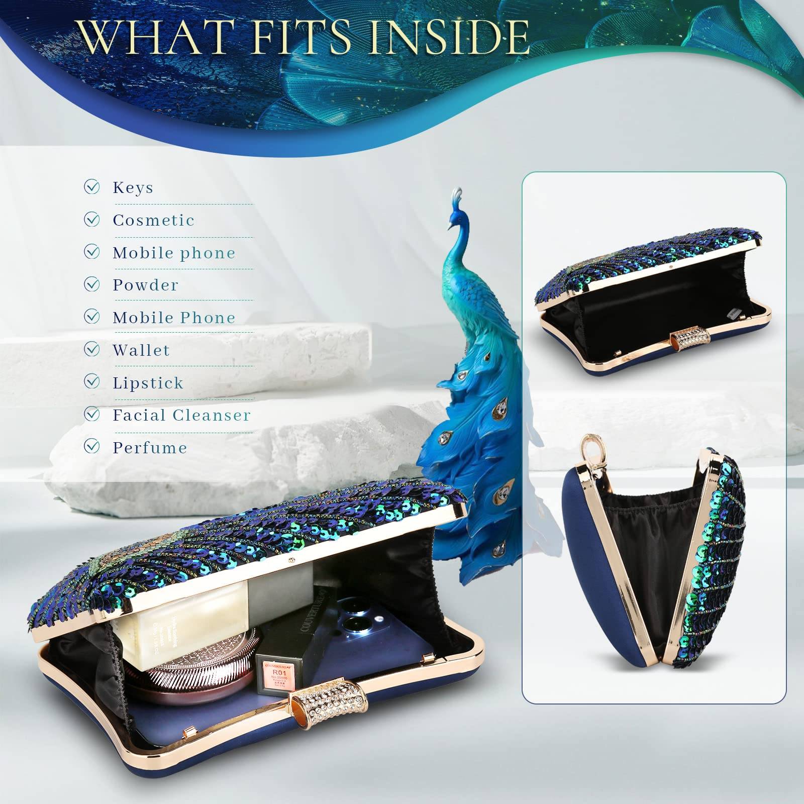 UBORSE Beaded Sequin Peacock Evening Clutch Bags Party Wedding Purse