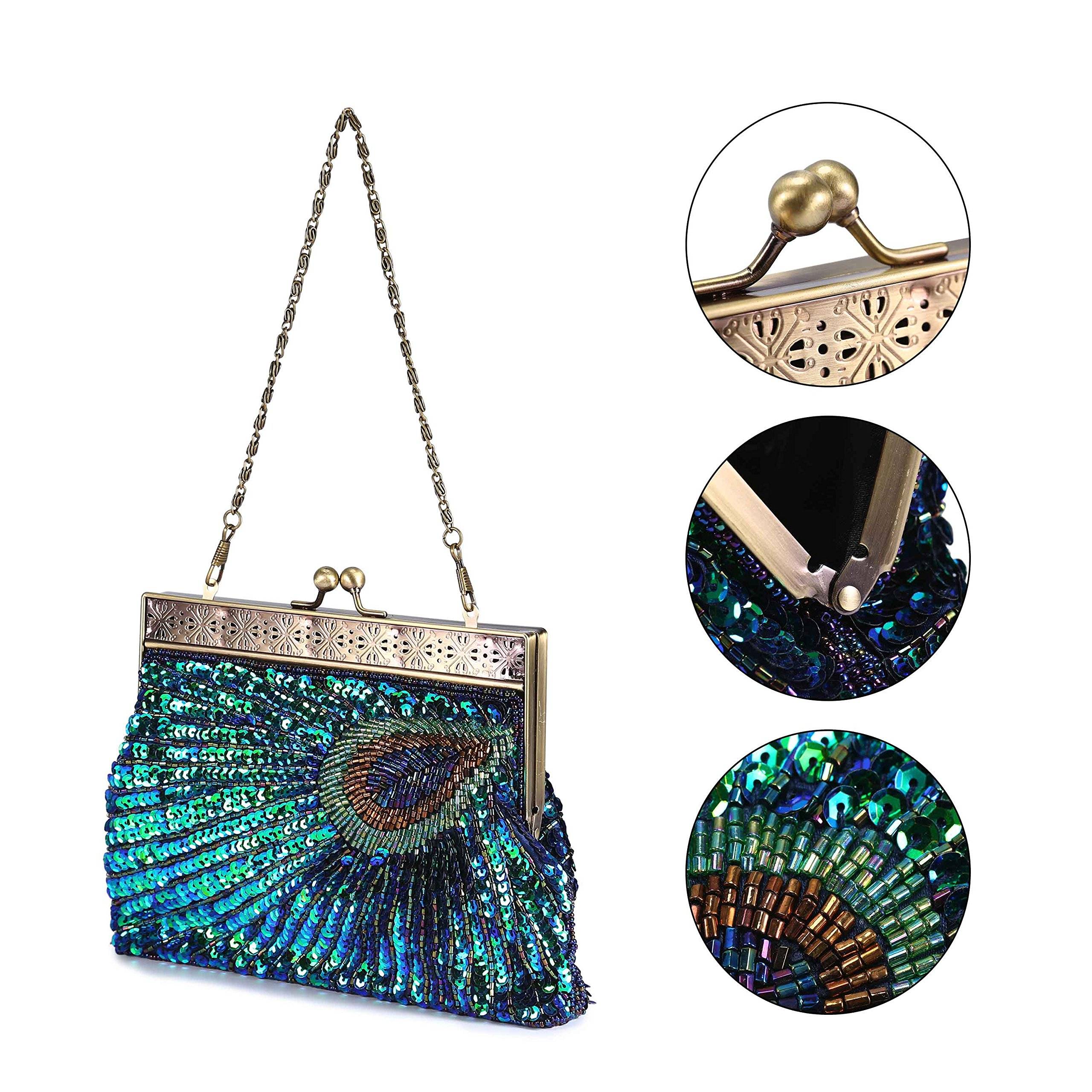 UBORSE Beaded Sequin Peacock Evening Clutch Bags Party Wedding Purse