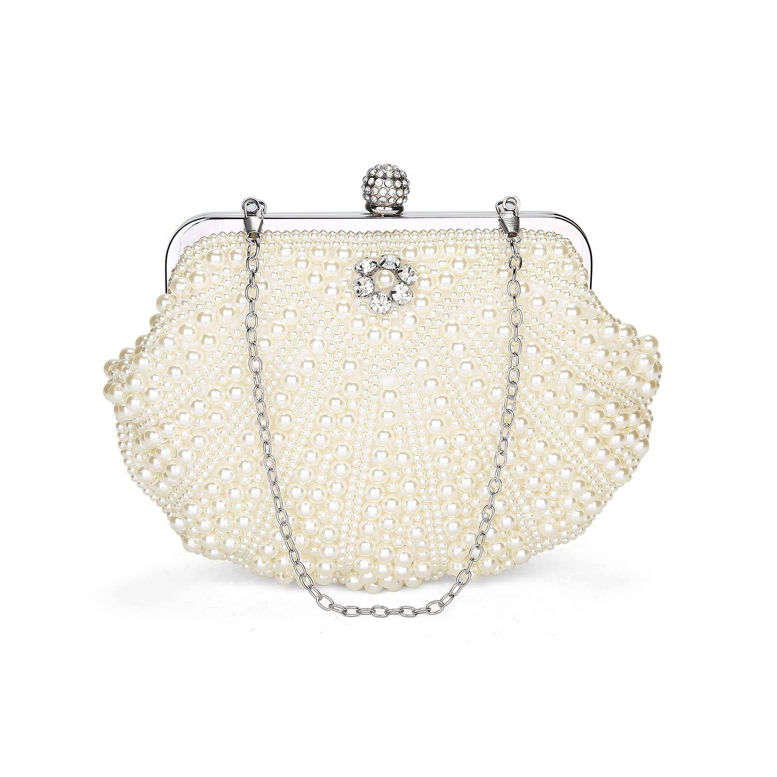 UBORSE Women Pearl Clutch Bag Noble Crystal Beaded Evening Bag Wedding Clutch with Pearl Chain