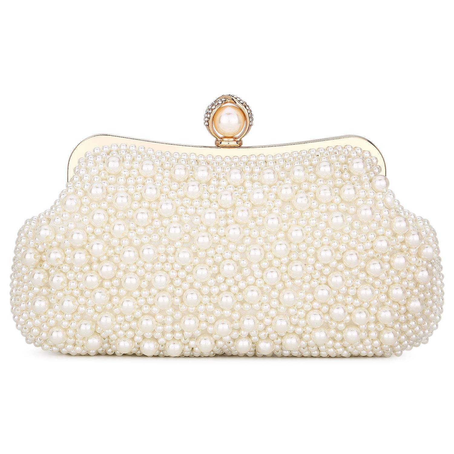 UBORSE Women Pearl Clutch Bag Noble Crystal Beaded Evening Bag Wedding Clutch with Pearl Chain